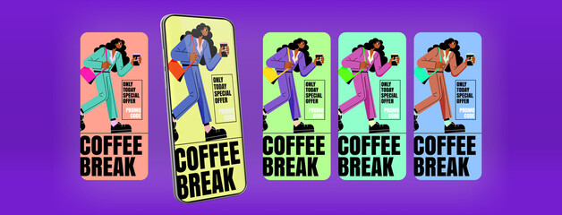 Coffee break special offer with promo code mobile app page, phone onboard screen templates. Female character walk with disposable cup in hands, cafe discount coupon Line art flat vector illustration