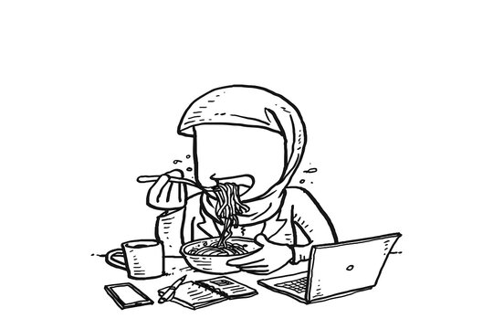 Asian muslim business woman eating delivious hot spicy instant noodle. Break time concept. Cartoon vector illustration design