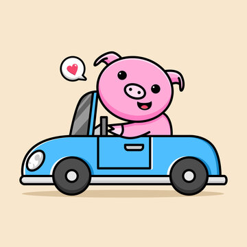 cute pig riding car cartoon design