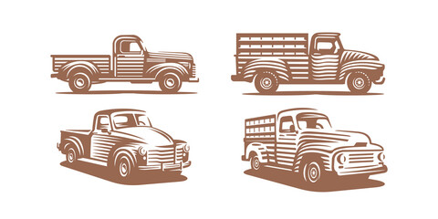 Vintage farmer pickup truck drawing in etching style. Vector woodcut illustration of classic farm car, rustic lorry in side and perspective view isolated on white background © klyaksun