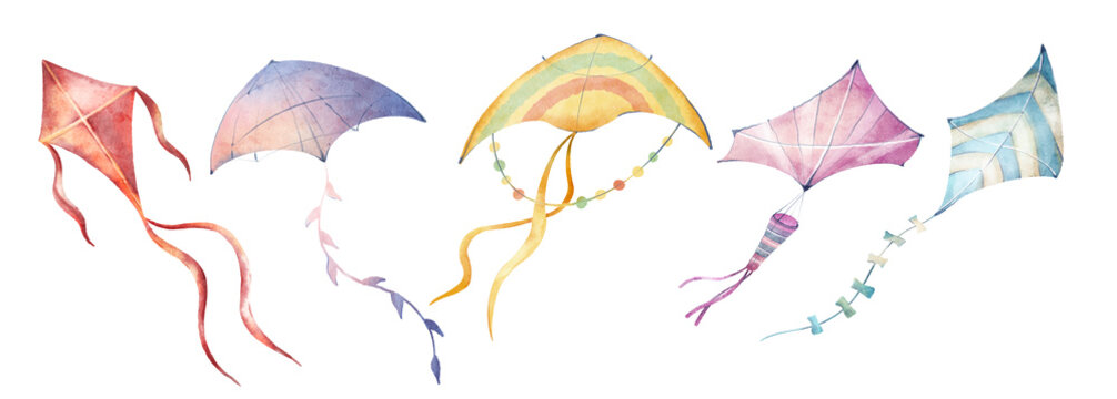Watercolor hand drawn set with illustration of colorful kites toys in the sky. Vintage style delicate elements isolated on white background. Romantic summer collection