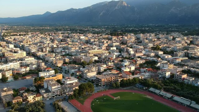 Aerial video city of Sparti city Greece. Sparti was founded to commemorate the famous ancient town of Sparta in Laconia, Greece