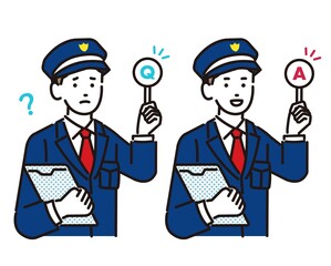 Q＆Aが書かれた棒を持つ警備員のベクターイラスト素材／ガードマン／交通誘導／ビル