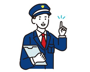 人差し指を立てて説明をする警備員のベクターイラスト素材／ガードマン／交通誘導／ビル