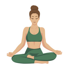 Women's yoga. Girl in lotus pose meditating. Vector illustration. - obrazy, fototapety, plakaty