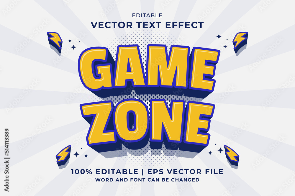 Fototapete editable text effect - game zone 3d cartoon template style premium vector