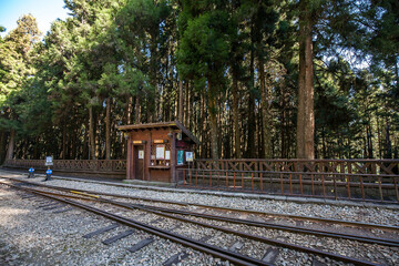 Old Railway Station in Alishan National Scenic Area in Chiayi City, Taiwan. It's 415 squre km in area. It includes mountain wilderness, four villages, waterfalls, high altitude tea plantations