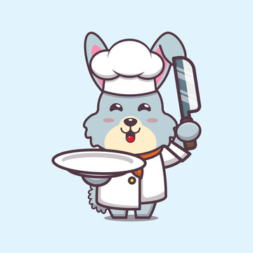 cute rabbit chef mascot cartoon character with knife and plate