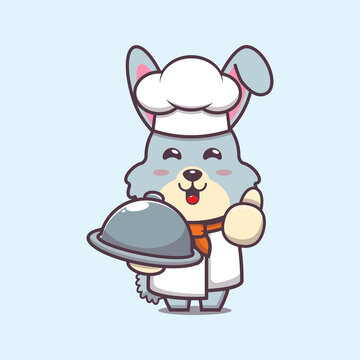 cute rabbit chef mascot cartoon character with dish