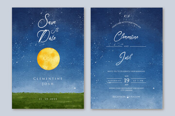 Set of wedding invitation with hand drawn watercolor night sky full moon bakground - obrazy, fototapety, plakaty