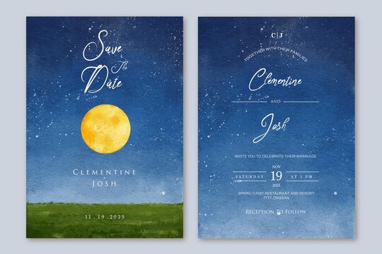 Set of wedding invitation with hand drawn watercolor night sky full moon bakground