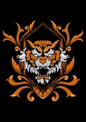 Mythical creature tiger head with ornament frame