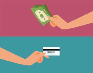 Cash Payment Vs Electronic Credit Card Payment Vector Illustration. People proffering different paying methods for shopping 