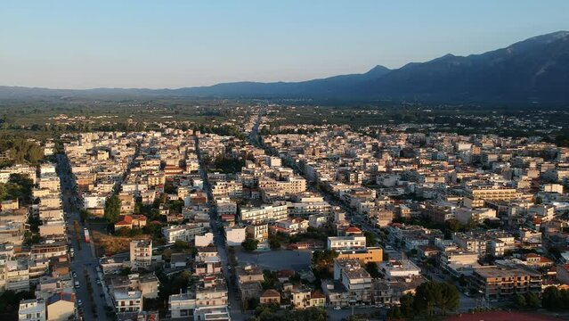 Aerial video city of Sparti city Greece. Sparti was founded to commemorate the famous ancient town of Sparta in Laconia, Greece