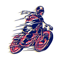Racer with motorcycle objects in retro hand drawing style