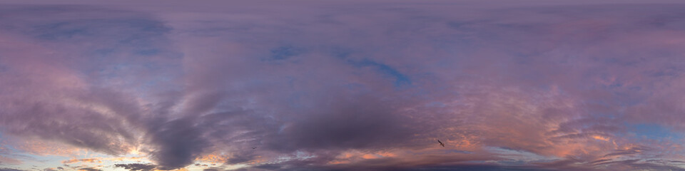 Dark blue sunset sky panorama with pink Cumulus clouds. Seamless hdr 360 panorama in spherical equirectangular format. Full zenith for 3D visualization, sky replacement for aerial drone panoramas.