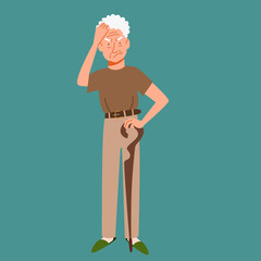 Grandpa with a cane thinks, tries to remember. An elderly character with Alzheimers disease. Vector illustration in a flat style.