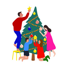Set of family preparing and decorating Christmas tree. Flat cartoon vector illustration
