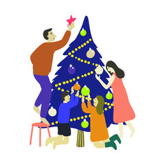 Fototapeta premium Set of family preparing and decorating Christmas tree. Flat cartoon vector illustration