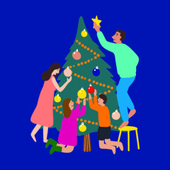 Set of family preparing and decorating Christmas tree. Flat cartoon vector illustration