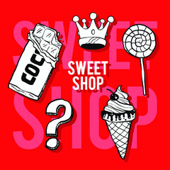 Set of Food Labels Stickers - ice cream  candy  bakery  chocolate shop - Design Template. Vector illustration