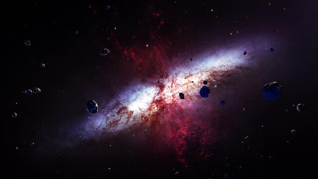 Galaxy space flight exploration with space rock scene. Flight to  The magnificent starburst galaxy M82 . 4K animation of flying through nebula clouds and stars field.