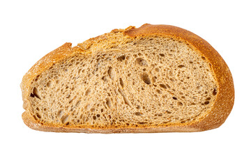 One slice of cutted grain bread with bran and dietary fiber isolated on white. Bakery and calorie concept