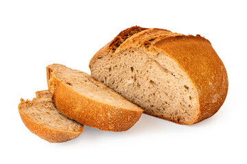 Cutted grain bread with bran and dietary fiber isolated on white. Bakery and calorie concept