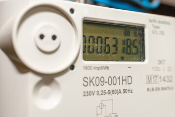 Funny Smart electric power meter counter measuring power usage.Close-up of modern smart grid...
