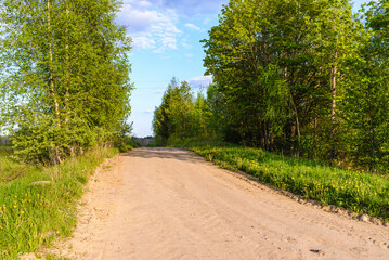 Obraz premium Empty Sandy country road near the forest,fluffy clouds blue sky,summer evening landscape.