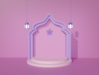 Soft pink color Islamic decoration background purple mosque arc design flower on top single product display podium hanging lantern two side 3d rendering image