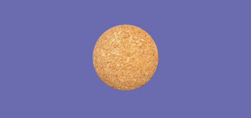 Banner.Nice brown cork ball isolated on the veri peri purple background,close up,selective focus.Advertisement.Copy space.