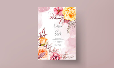 wedding invitation card template with beautiful warm colored flower floral