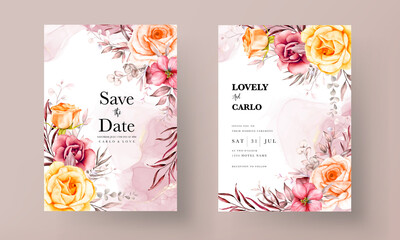 wedding invitation card template with beautiful warm colored flower floral