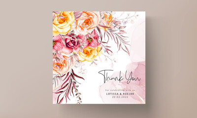 wedding invitation card template with beautiful warm colored flower floral