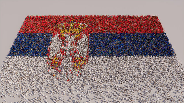 Serbian Flag formed from a Crowd of People. Banner of Serbia on White.