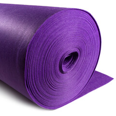 A roll of purple woollen fabric on a white background.