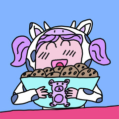 Cheerful girl with cookies vector illustration. Cute childish drawing in cartoon style.