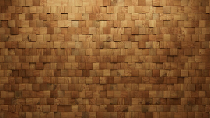 Square, 3D Wall background with tiles. Wood, tile Wallpaper with Timber, Natural blocks. 3D Render