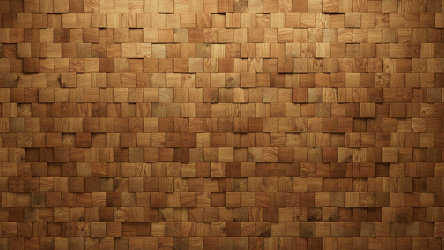 Square, 3D Wall Background With Tiles. Wood, Tile Wallpaper With Timber, Natural Blocks. 3D Render