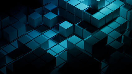 Teal and Blue, Glossy Cubes Neatly Constructed to create a Contemporary Tech Wallpaper. 3D Render.