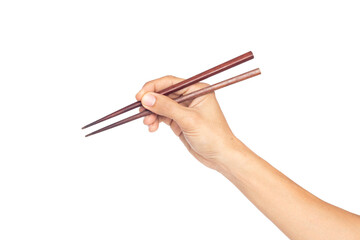 Hand man holding chopsticks isolated on a white background