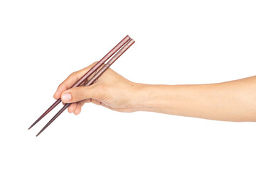Hand man holding chopsticks isolated on a white background