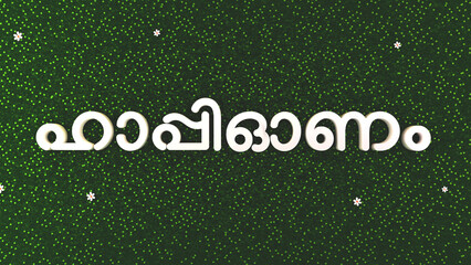 Happy Onam Font Written By Malayalam Language Against Green Dots Grass Pattern Background.