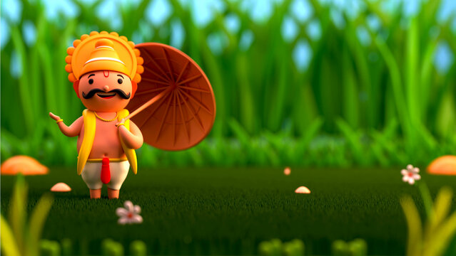 3D Render Of King Mahabali Standing On Green Nature View Background And Copy Space.