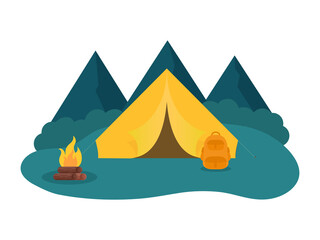 Vector Camping Tent With Backpack, Bonfire On Blue Mountain And White Background.