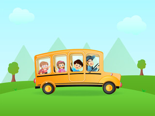 Side View Of Cheerful Pupils Sitting In Bus Against Blue And Green Natural Background.