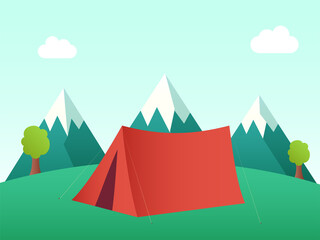 Red Camping Tent With Mountains And Trees On Green Background.