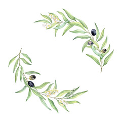 Watercolor greenery olive wreath, floral wedding invitation, logo design