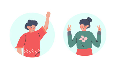 Happy Male and Female Showing V Sign and Waving Hand as Positive Gesture in Circular Frame Vector Set